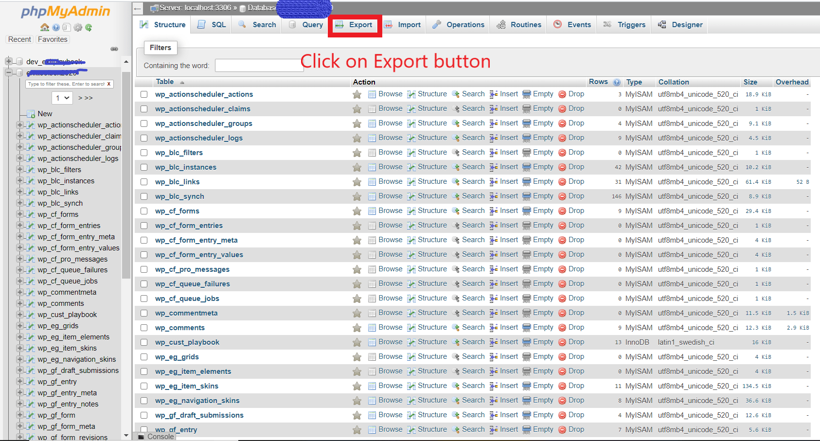 database export from phpMyAdmin