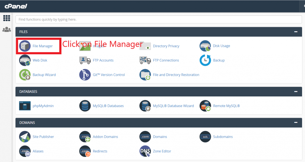 File manager selection in GoDaddy cPanel