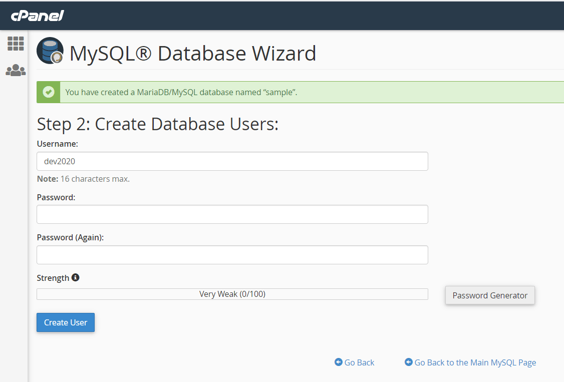 creating user for database