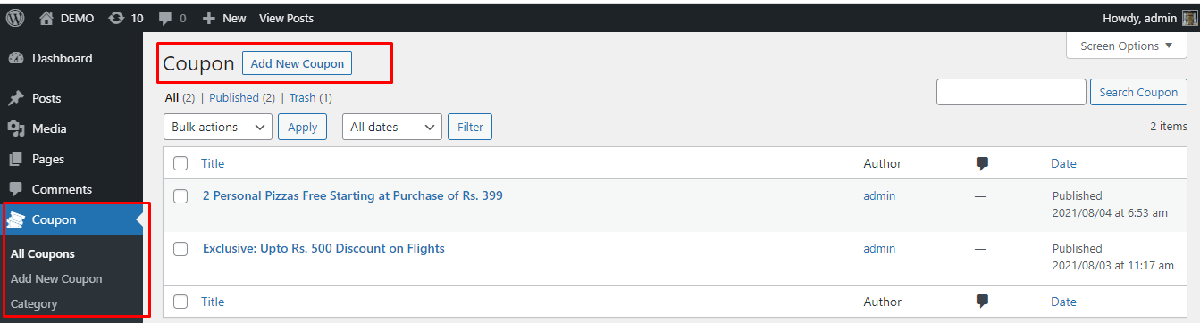 WordPress Dashboard Coupon Post Type