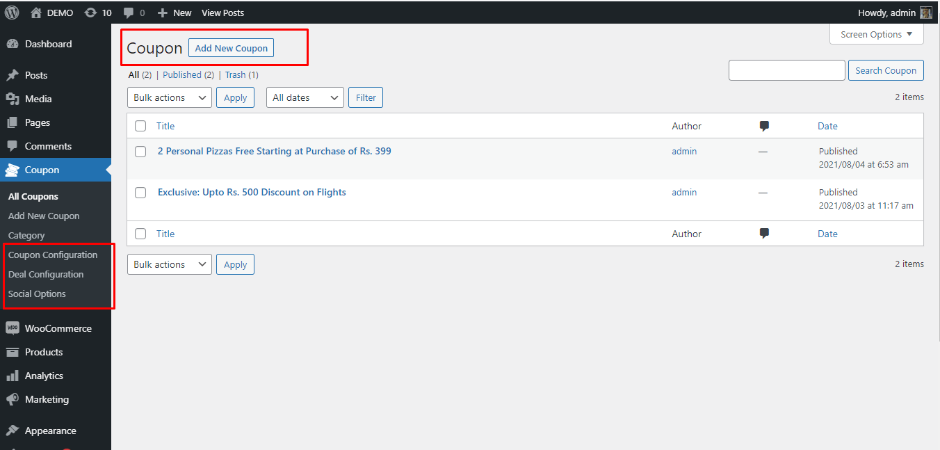 coupon configuration in wordpress