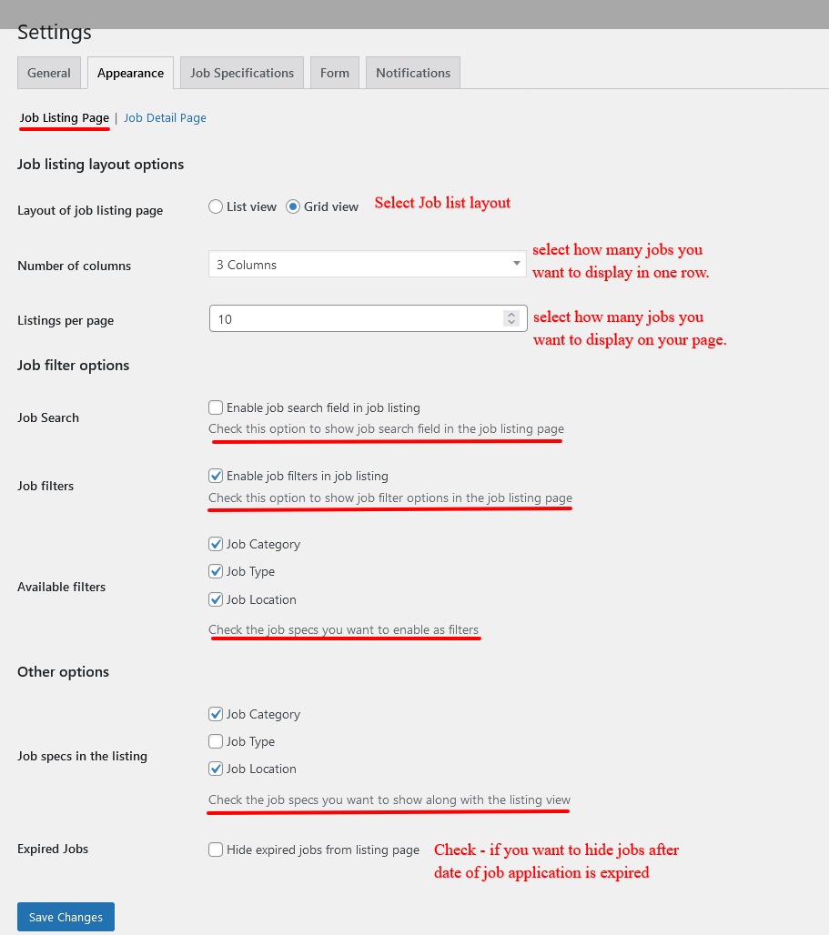 appearance-setting-wp-job-opening-plugin