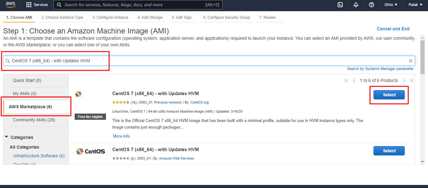 Search Centos, In AWS Marketplace