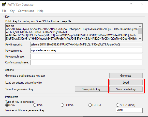 PuttyGen -> Load Button
