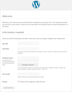 Wordpress installation page