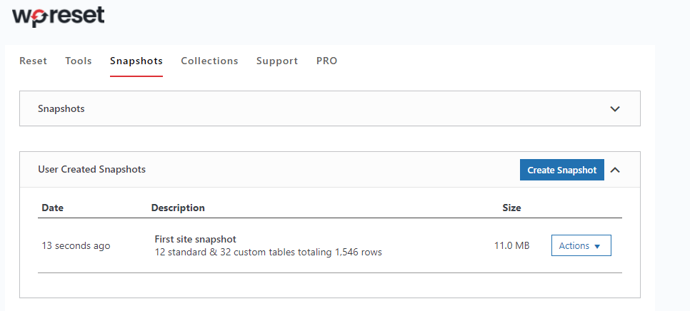 Snapshot Saved in WP Reset Plugin