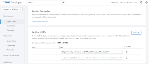 Open Keys and OAuth in Quickbooks and Add Redirect URL