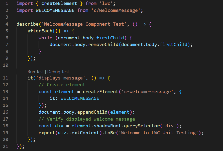 Writing our First test for the component (WelcomeMessage.test.js)